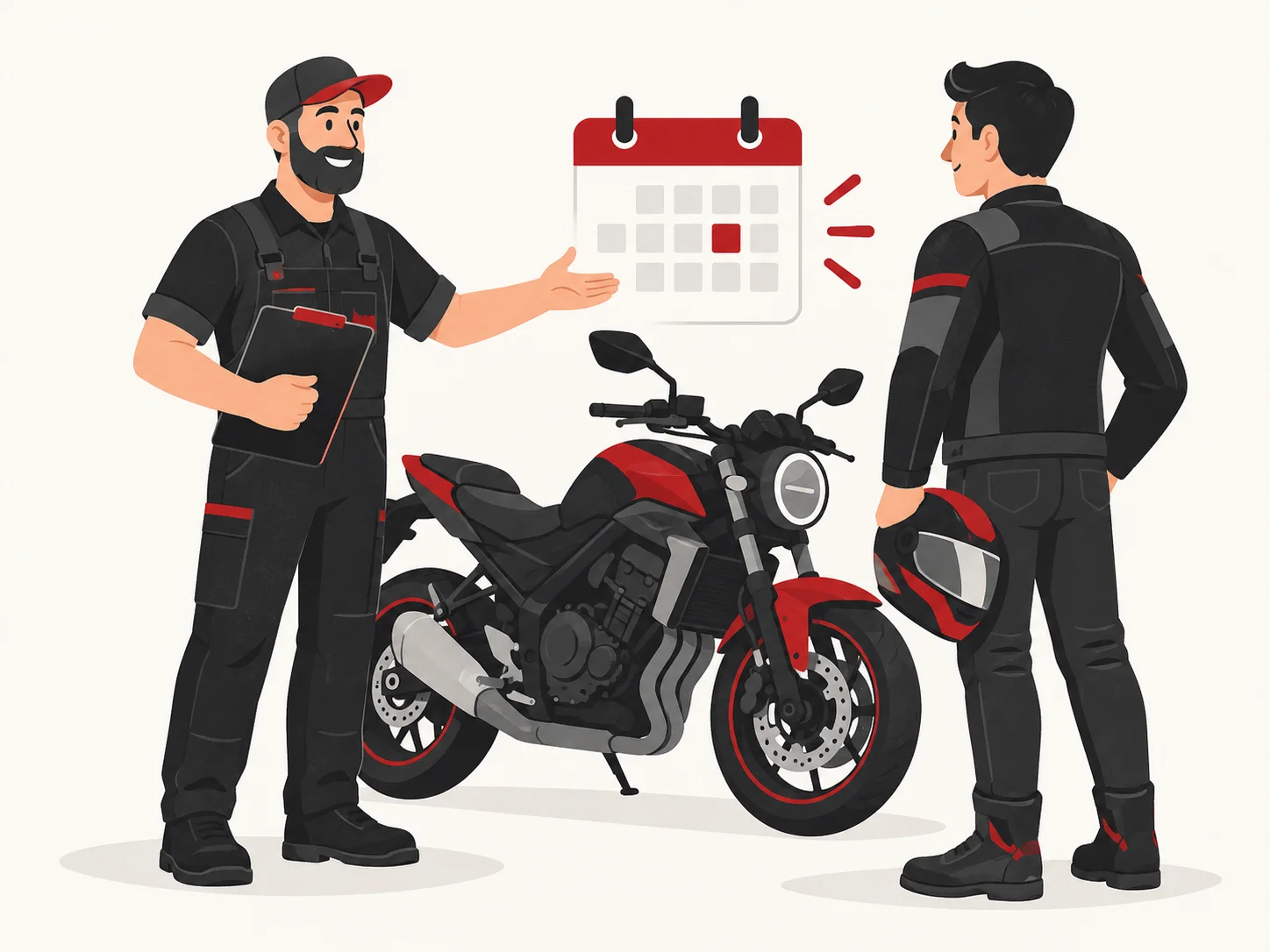 Illustration d'un mécanicien accueillant un motard pour un rendez-vous
