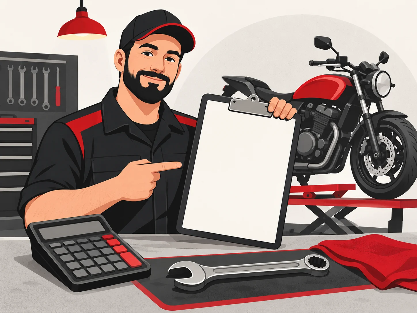 Illustration d'un mécanicien présentant un devis de réparation moto