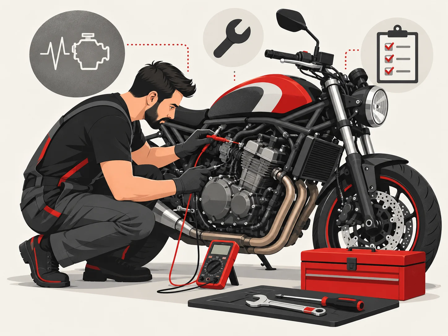 Illustration d'un diagnostic mécanique et électrique sur une moto